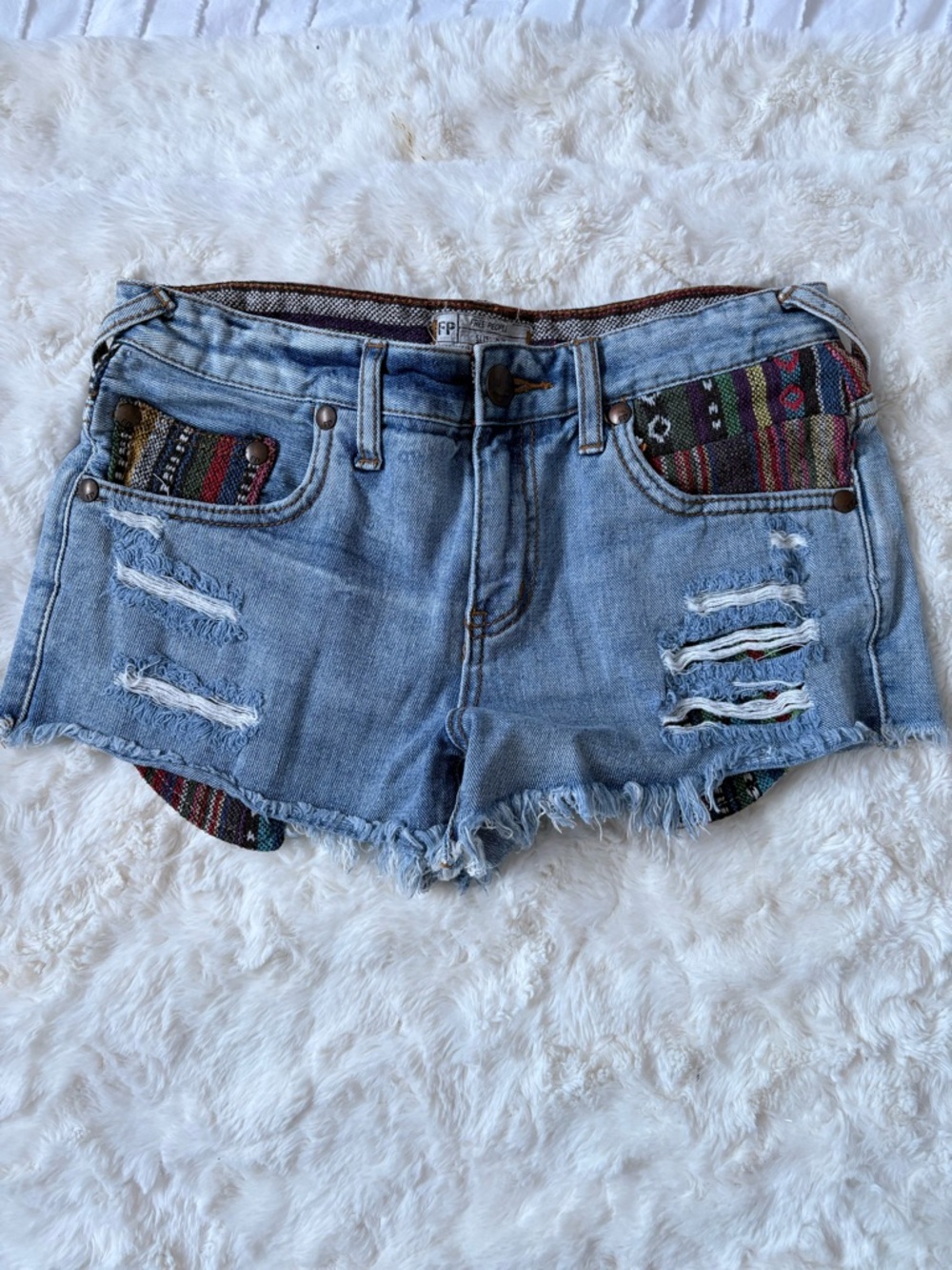 Free People Light Blue Distressed Denim Shorts with Multicolor Tribal Inset